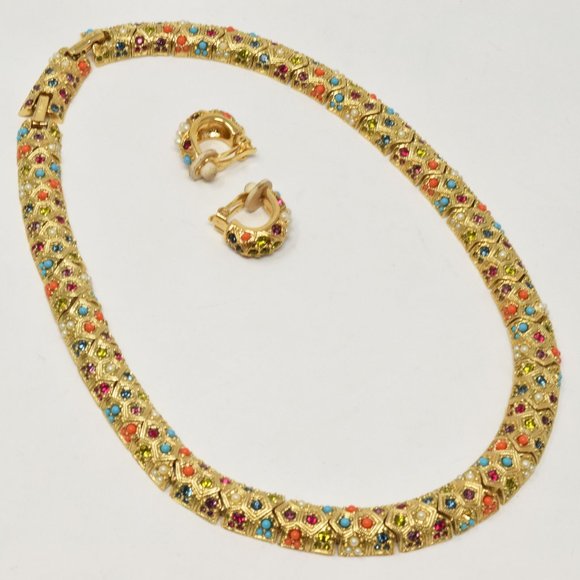 D'Orlan Gold Plated Crystal Necklace Earrings Vintage Set